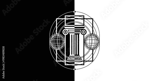 A black and white illustration of a building with two globes.