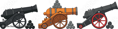 Vintage cannons with cannonballs set isolated on white background, historical artillery weapons collection for military and war vector illustration