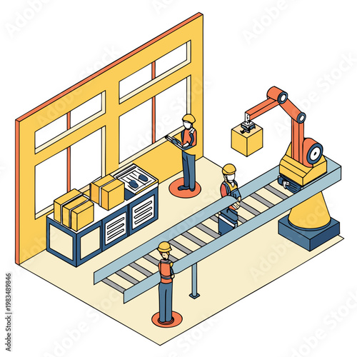 Isometric industrial factory warehouse illustration with workers managing an automated conveyor belt and robotic arm for product packaging warehouse industrial isometric manufacturing automation