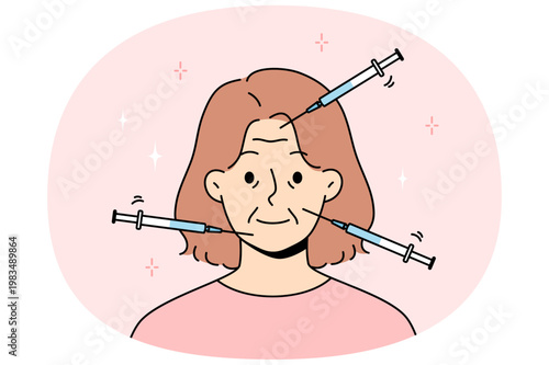 Injection against wrinkles on woman face is done using syringe at appointment with cosmetologist. Woman dreams of becoming younger and fights wrinkles with help of chemical liquid pumped under skin.