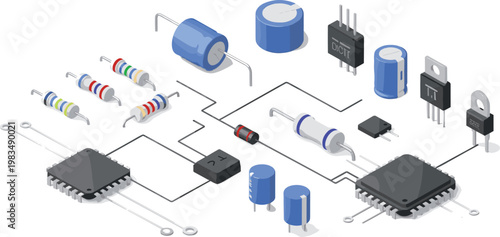 Electronic components circuit collection featuring resistors capacitors microchips transistors and integrated devices connected in schematic layout isolated on white background flat vector set