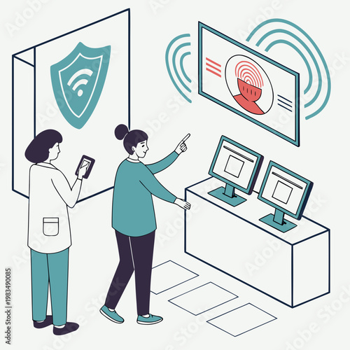 Isometric vector illustration of women monitoring a biometric security system with face and eye recognition security monitoring biometric scanning recognition technology cybersecurity wireless