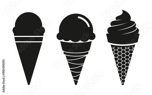 Three distinct ice cream cone icons, commonly used in graphic design and menus.