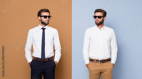 Split visual of a professional in office attire on one side and in casual relaxed clothing on the other, work-life duality and balance concept, with copy space