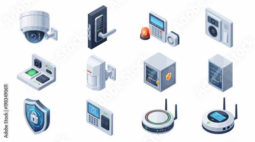 Isometric icons for home and business security systems, including cameras, sensors, and control panels