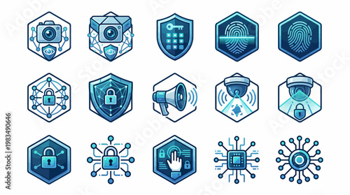 Collection of Futuristic Security and Technology Icons representing Cyber Defense and Protection Systems