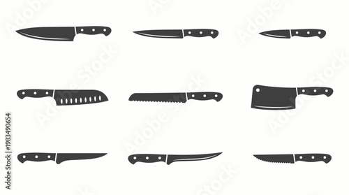 Collection of nine different styles of kitchen knives displayed on a white background in a grid formation