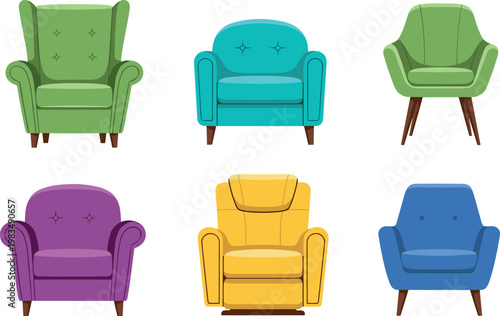 Colorful armchairs set isolated on white background, modern upholstered chairs collection for home interior furniture and seating design vector illustration