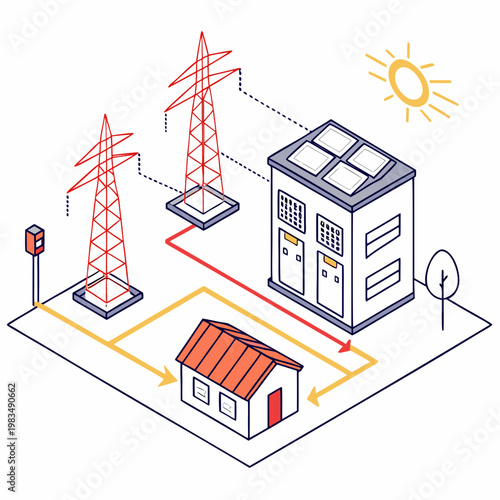 Isometric illustration of a smart power grid system connecting a house with solar panels and electrical transmission towers electricity isometric renewable sustainable transmission technology