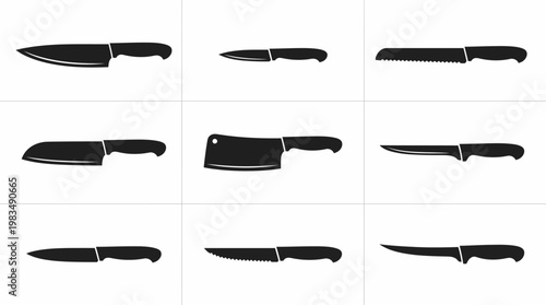 Collection of kitchen knife silhouette icons featuring diverse blade types, including chef, paring, and cleaver, for culinary design and food preparation tool illustrations