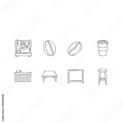 Set of minimalist outline icons for coffee shop equipment