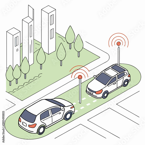 Autonomous cars driving with wireless connectivity in a smart city isometric illustration self driving internet of things artificial intelligence autonomous wireless connectivity technology