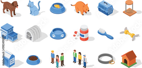 Pet care and animal supplies collection featuring dog cat food house toys grooming tools and veterinary items isolated on white background flat vector illustration set