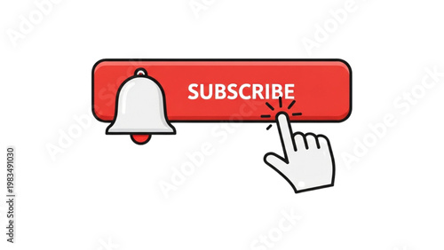 A hand clicks subscribe button with bell icon