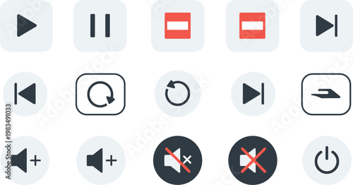 Media player control icons collection featuring play pause stop rewind forward mute volume and power buttons isolated on white background flat vector set