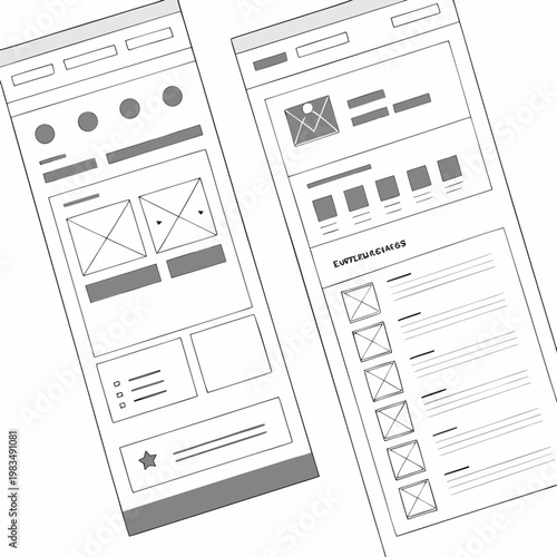 Mobile application user interface wireframe sketches displaying various page layouts content sections interactive elements for app development wireframe interface smartphone prototype