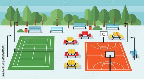 Outdoor recreation area with tennis and basketball courts, picnic tables, and park benches.
