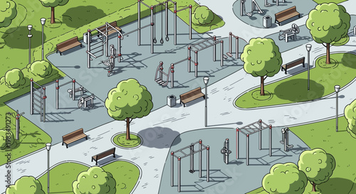 Outdoor Fitness Park with Exercise Equipment and Green Trees