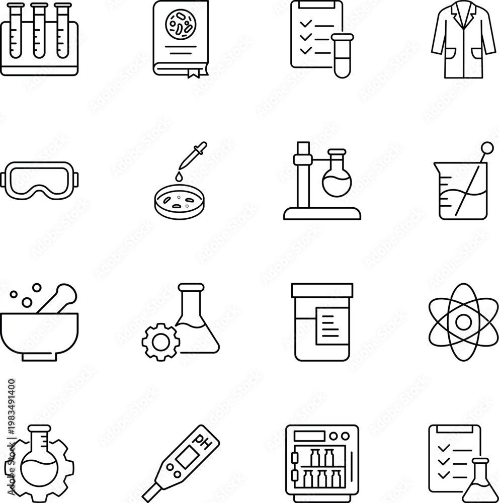 Obraz premium Science laboratory research vector icon set, test tubes, petri dish, lab coat, flask, atom, pH meter, goggles