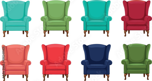 Vintage style colorful armchairs collection isolated on white background, classic upholstered wingback chairs set for interior furniture design vector illustration