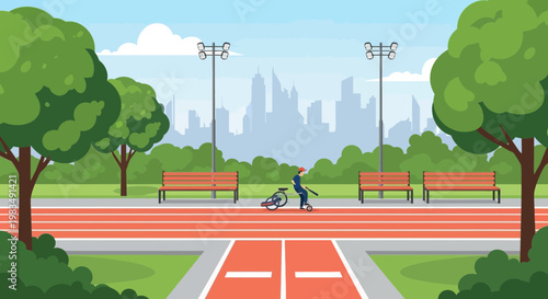 Person riding bicycle on running track in city park with skyline background