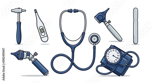 Medical Instruments Set: Stethoscope, Thermometer, BP Cuff, Reflex Hammer, Otoscope