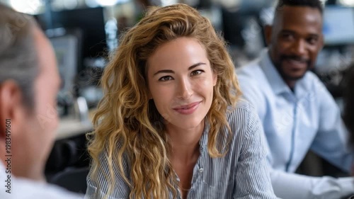 Confident Woman in Collaboration: A confident woman with curly hair engaging in a collaborative discussion within a professional setting, exuding approachability and competence.