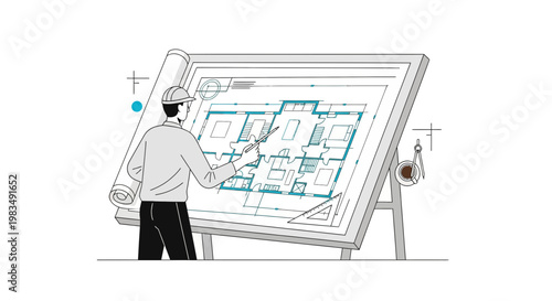 Architect reviewing building blueprint on easel, planning and design concept