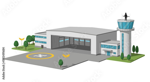 Hangar and control tower at a modern airport, illustration