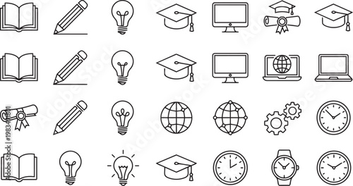 Digital education and time management icons, online learning symbols vector