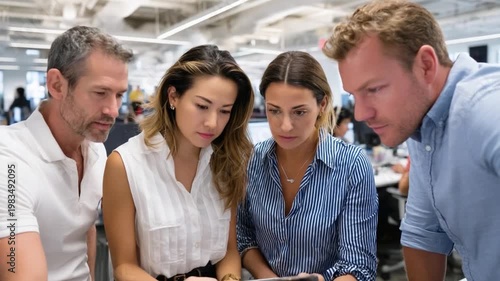 Focused Collaboration in the Office: A close-knit group of colleagues engrossed in a detailed discussion, collaborating intently in a contemporary work setting.