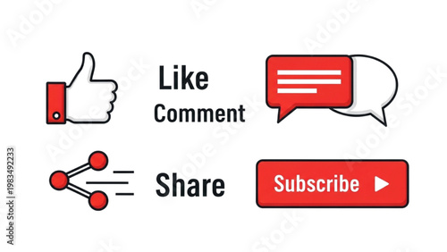 Social media icons with thumbs up, comment, share and subscribe buttons