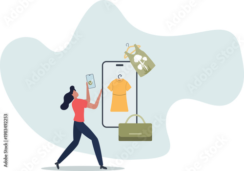 buying recycling eco friendly clothes and textile consciously. woman chooses dress and bag online.person's life situation and his activities.