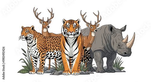 Illustration of a group of wildlife animals including two deer, a tiger, a jaguar, and a rhinoceros standing together against a white background in a colorful, cartoon style