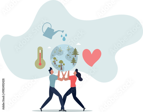 People Characters trying to Save Planet Earth.Woman and Man Planting and Watering Trees, Measuring Planet Temperature.person's life situation and his activities.