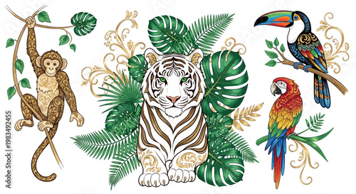 Illustrated exotic wildlife featuring a monkey hanging from a vine, a white tiger, a toucan, and a parrot, all adorned with lush green tropical leaves and ornate golden flourishes