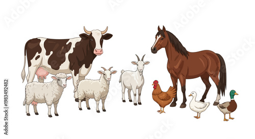 Illustrated farm animals including a cow, horse, goats, sheep, chicken, goose, and ducks are grouped together on a white background in a cartoon style with vibrant coloring and simple