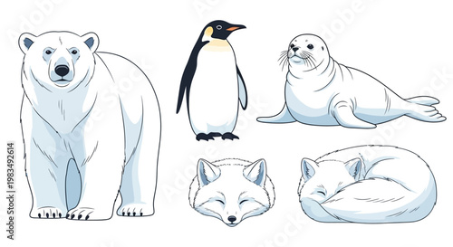 Illustration showing arctic animals including a polar bear, penguin, seal and arctic fox in a clean cartoon style against a white background, rendered with bright coloring and simple shapes