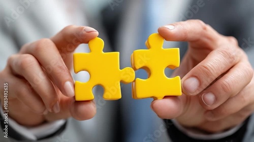 Puzzle Partnership: A close-up shot of hands carefully connecting two golden puzzle pieces, symbolizing collaboration, problem-solving, and unity. 