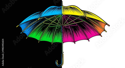 Vibrant rainbow umbrella on black and white background.