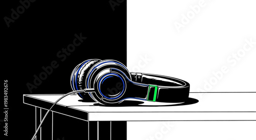 Black headphones on a table indoors.