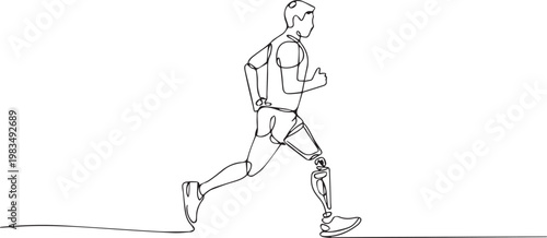 Man with prosthetic leg running on white background in motion
