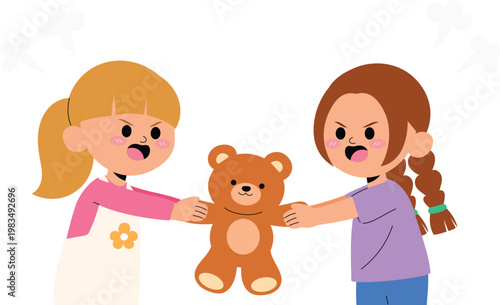 Two friends fighting over teddy bear, 2 kids are auguring over a toy