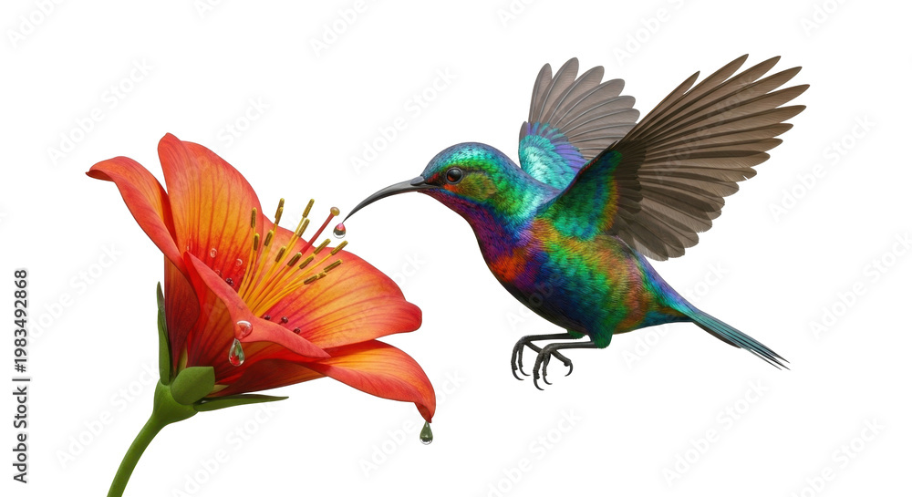 Fototapeta premium Iridescent Hummingbird Feeding on Orange Flower