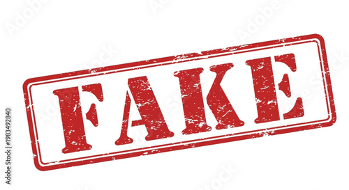 A close-up view of a red FAKE stamp on a white surface with a grunge texture.