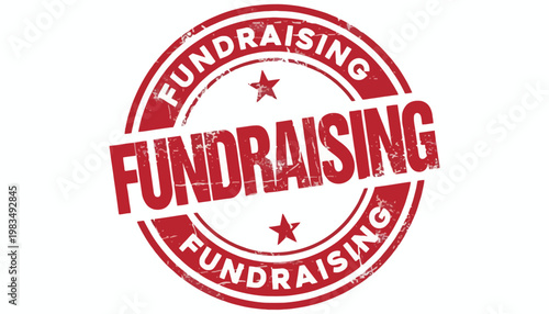 A fundraising event features a prominent red fundraising stamp with white text.