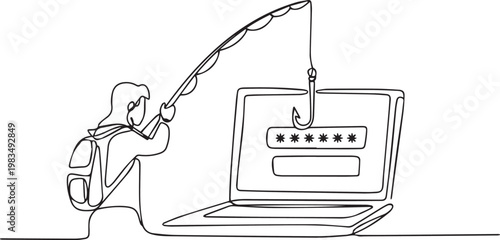 Man using fishing rod to hook laptop with password login screen
