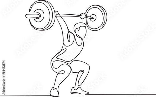 Continuous line drawing of a person lifting weights in a squat position
