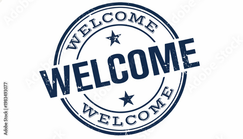 A close-up view of a blue Welcome stamp on a white background with stars