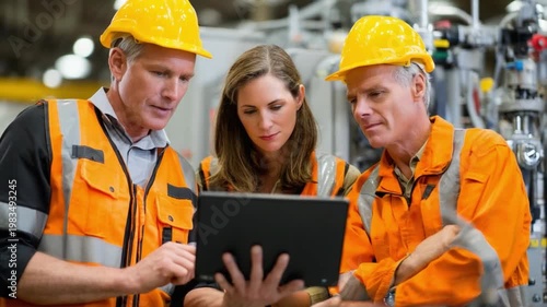 Industry Professionals in Review: A focused group of industry professionals collaborates over a laptop, deep in thought, on a factory floor.